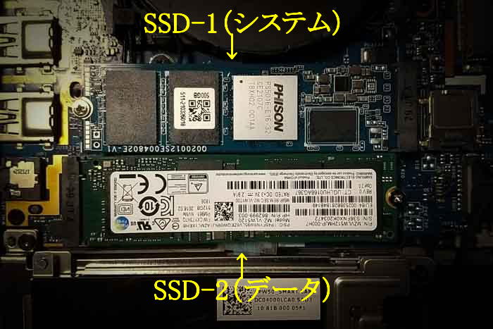 Zbook15 G3の例。システムSSDはPCie Gen4(CFD M2B5GPG3VNF 500GB新品)をビルドイン。データSSDはSAMSUNG MZVLW512HMJP-000H7 512GBを使用。